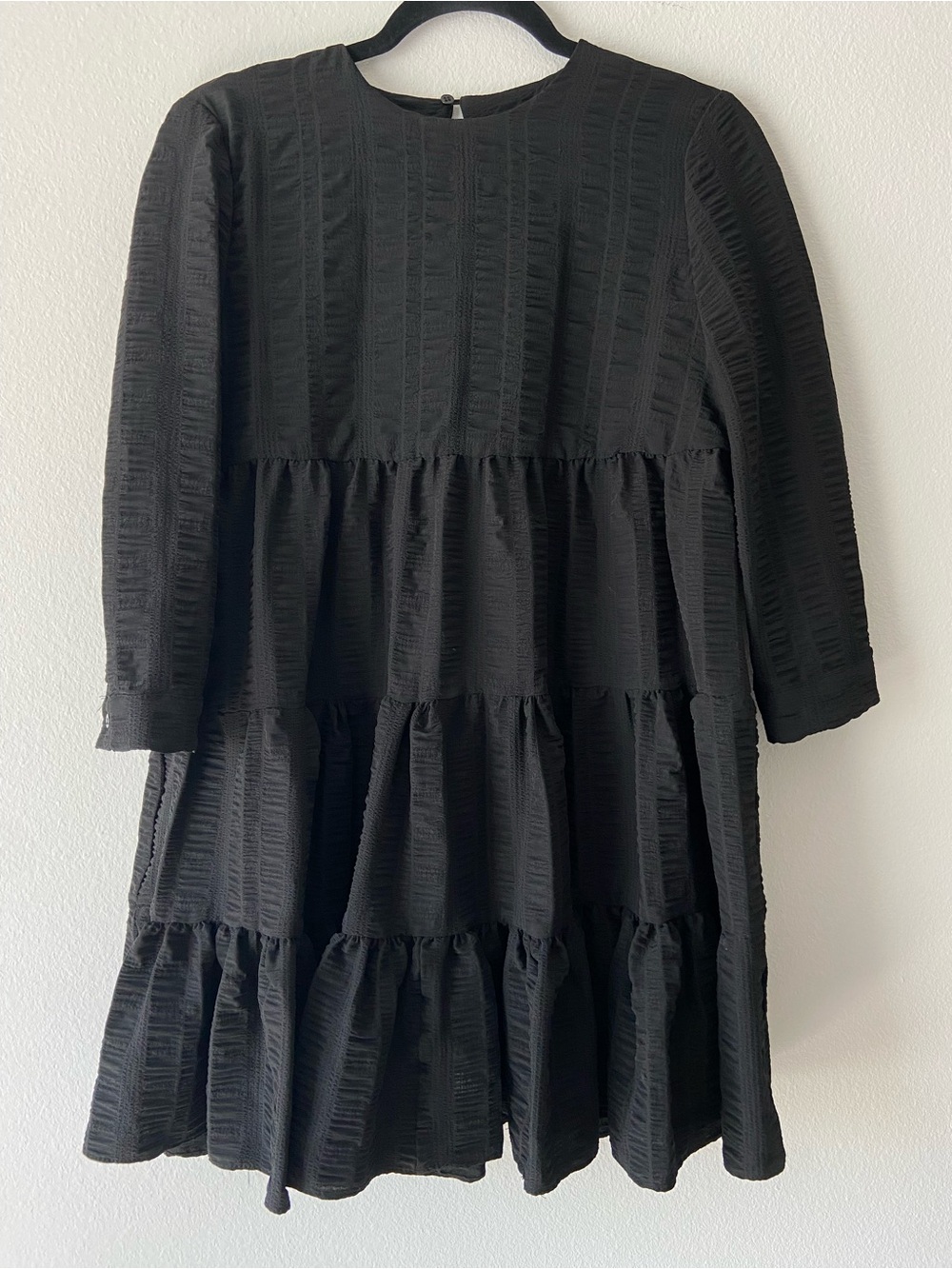 Zara Black Textured Tiered Babydoll Long Sleeve Mini Dress Size XS